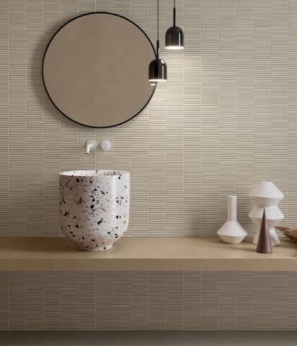 Italgraniti Terre — Kit-kat mosaic walls — the fluted texture trend, made tactile.