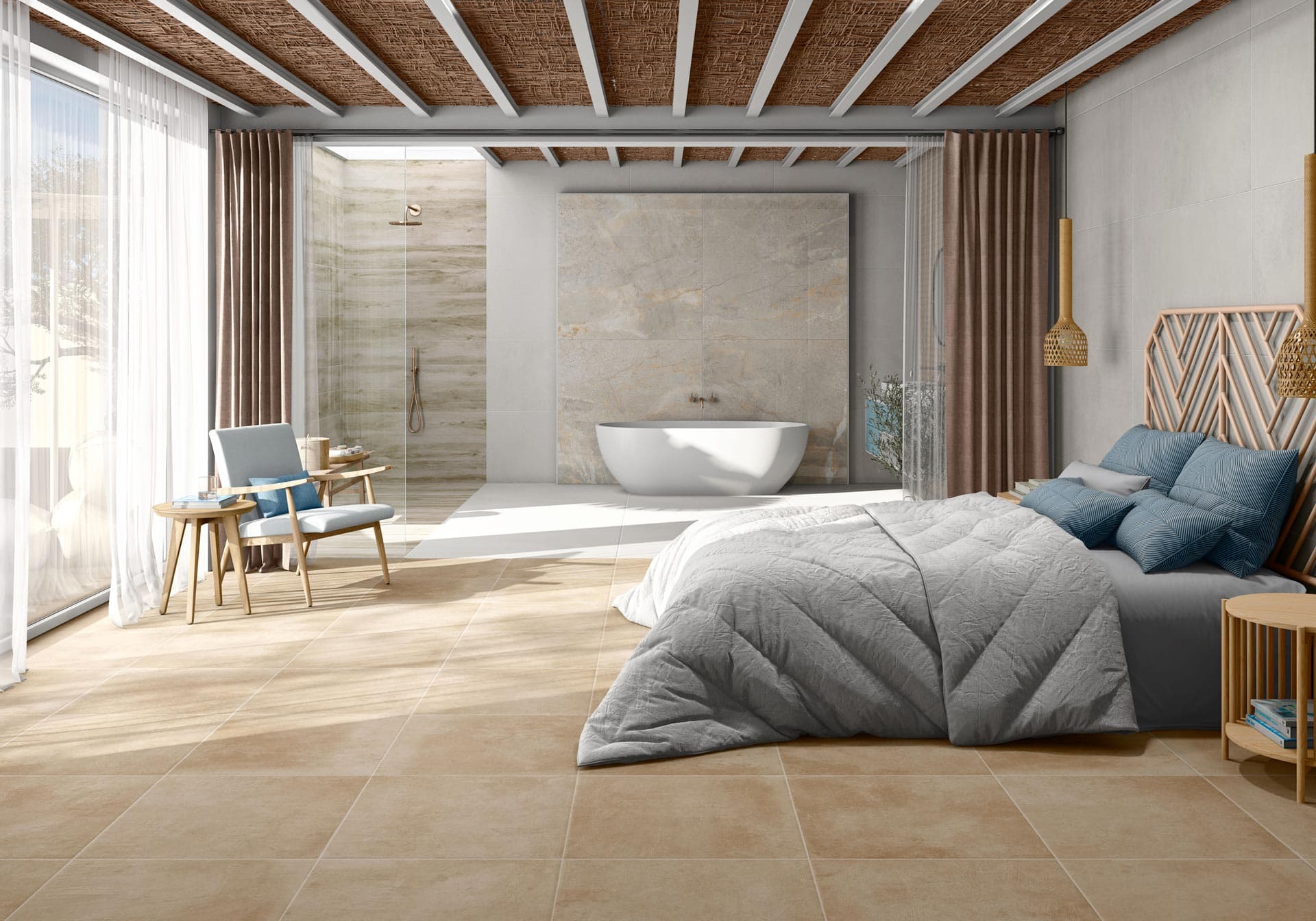 Tau Cerámica Terracina — Terracotta warmth underfoot, from bedroom to open bathroom.