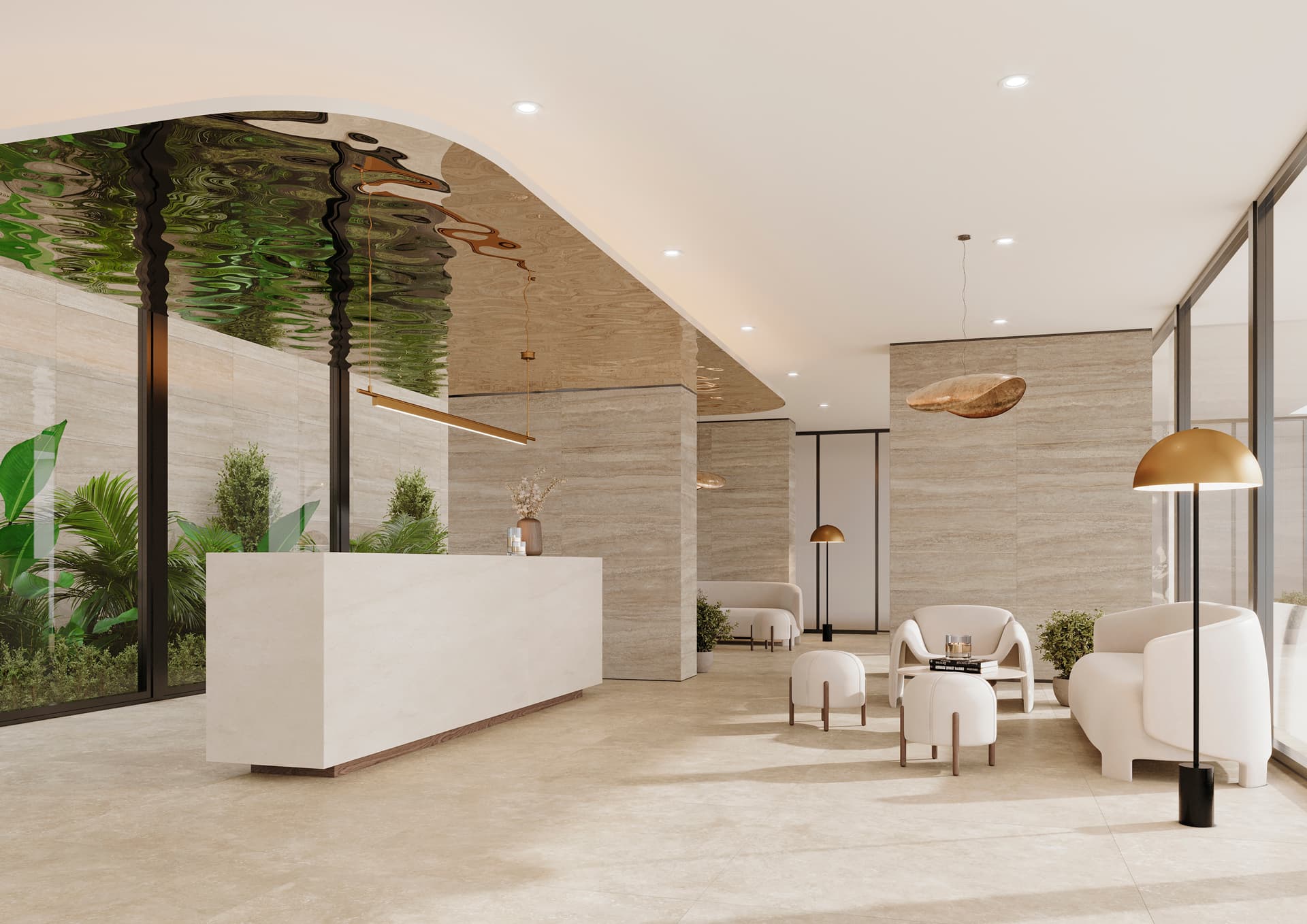 Tau Cerámica Travertino — Honed travertine, floor to ceiling — the warm neutral of 2026.