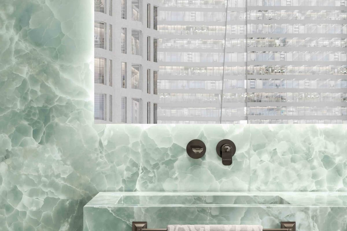 Versace Ceramics Gemstone — Onyx green in large format — semi-precious stone, backlit by nature.