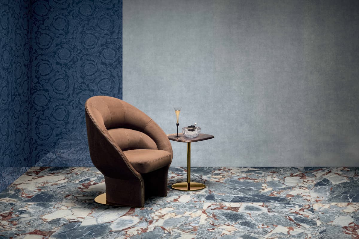 Versace Ceramics Harmony — Marble & Mirror — Ocean-blue marble beside a baroque mirrored wall.