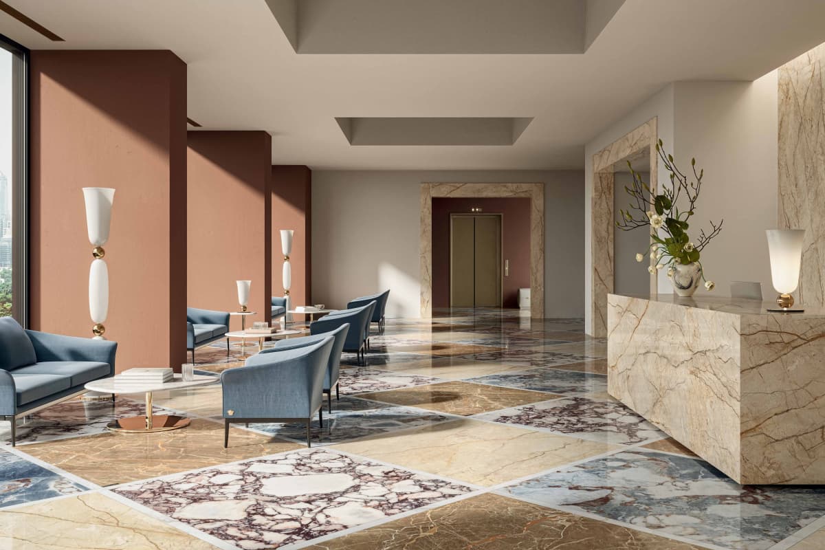 Versace Ceramics Harmony — a grand lobby floored in polychrome antique marbles