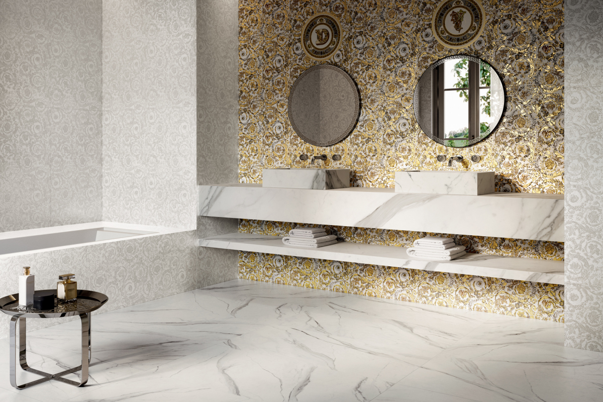 Versace Ceramics Icons — The Barocco garden in white and gold — Versace's signatures on the wall.