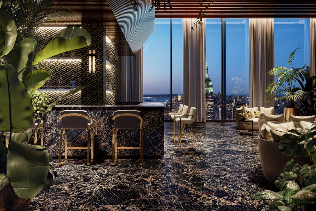 Versace Ceramics Maximvs marble surfaces in a grand restaurant interior