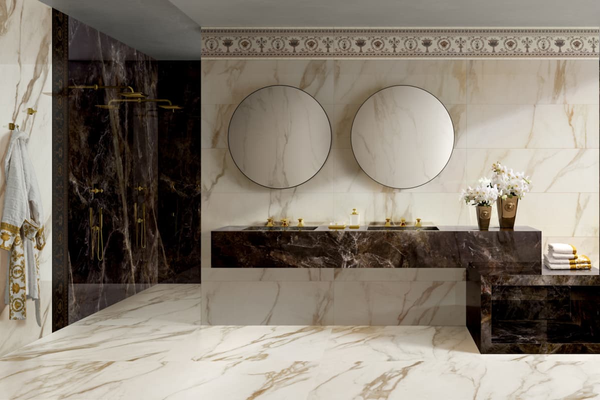 Versace Ceramics Maximvs — Eight marbles at grand scale — calacatta light against deep galaxy brown.